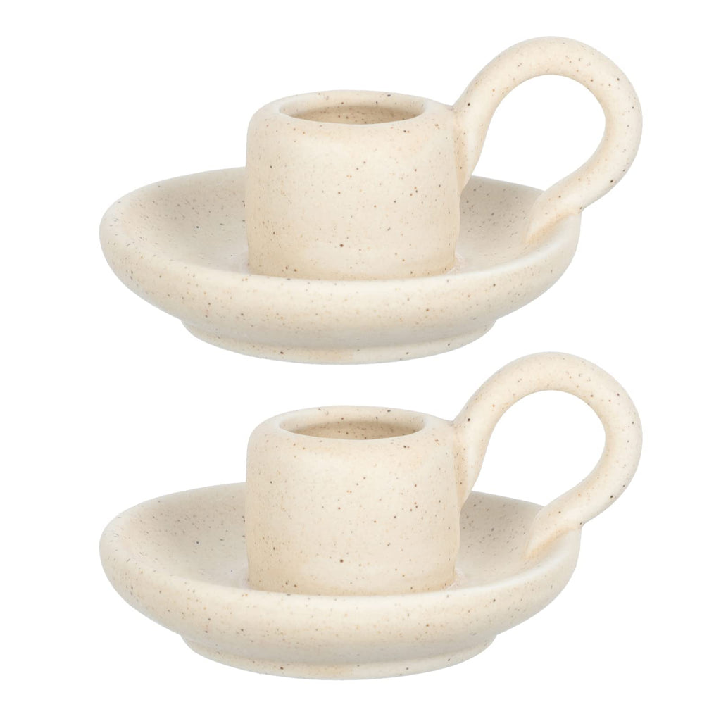 DOITOOL 2Pcs Ceramic Candlestick Holder, Taper Candle Holder with Handle, Nordic Style Candlelight Stand Desktop Ornament for Table, Centerpiece, Wedding ( Beige ) - NewNest Australia