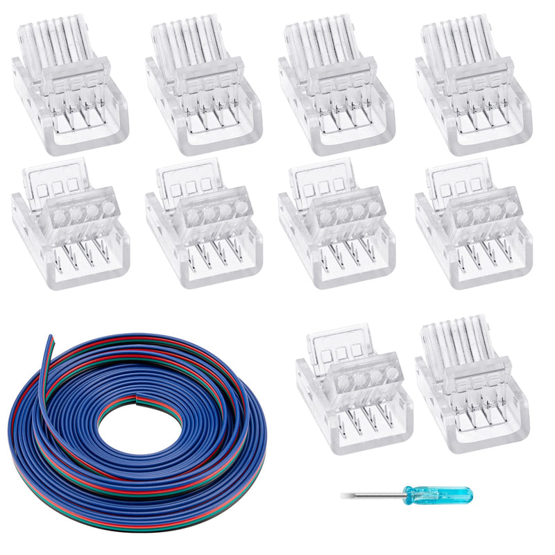 GXILEE Led Light Connectors, 4 Pin Led Connectors for 10mm Waterproof or Non-Waterproof 5050 RGB Strip 10 Pack, Strip to Wire Connection Without Stripping, Include 16.4ft 22 Gauge Led Extension Cable - NewNest Australia