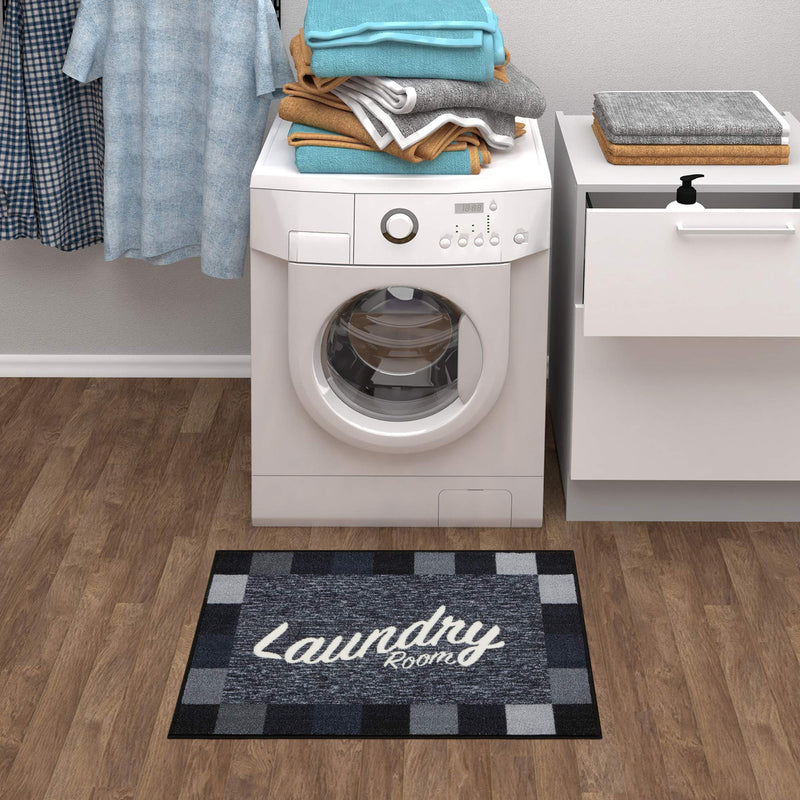 Ottomanson Laundry Collection Checkered Border Rubberback Mat, 2'3" x 3', Black 2'3" x 3' Black Checkered - NewNest Australia