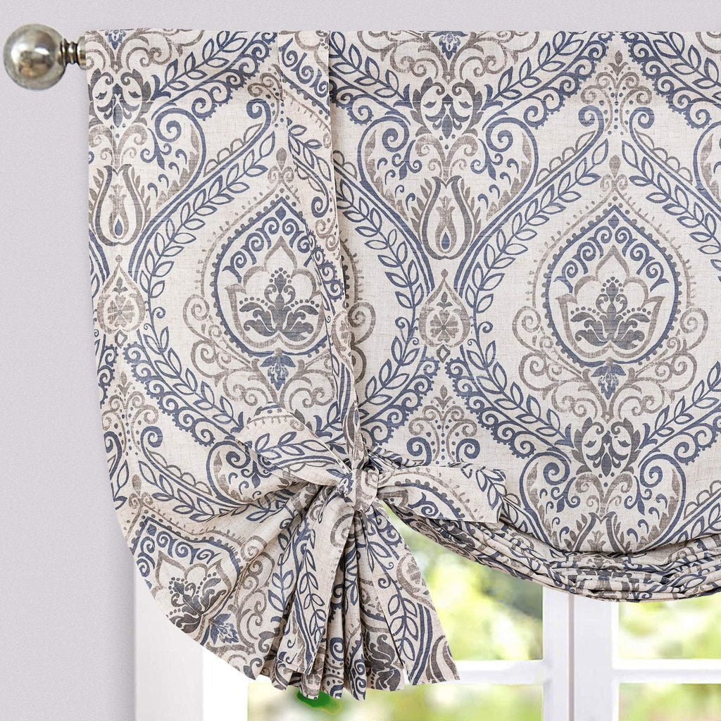 jinchan Valance Curtains Tie Up Shade Curtains for Kitchen Living Room Damask Printed Paisley Rod Pocket Drapes Multicolor Medallion Flax Window Curtains 1 Panel 45 Inches Long Blue on Beige W42 x L45 - NewNest Australia