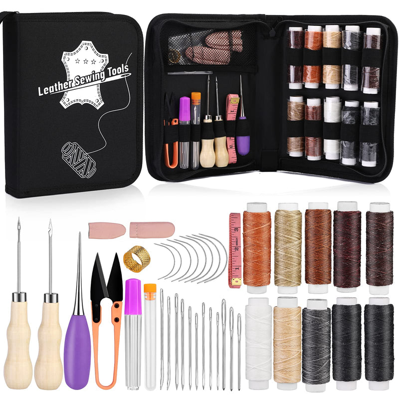 40 Pcs Leather Kit, Leather Sewing Kit with Waxed Thread, Sewing Awl, Seam Ripper and Leather Hand Sewing Stitching Needles, Leather Sewing Tools for DIY Leather Craft - NewNest Australia