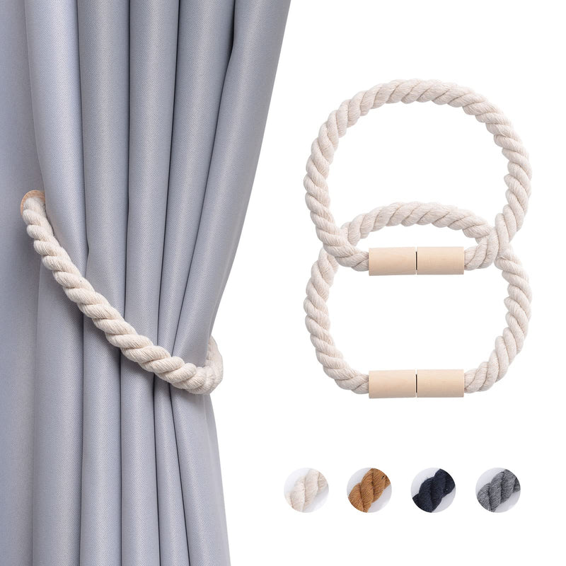 NICEEC 2 Pack Wooden Magnetic Curtain Tiebacks Boho Home Decoration Drape Tie Backs Natural Cotton Handmade Rope Curtain Holdbacks for Thin or Thick Home & Office Window Drapery (Beige) Beige - NewNest Australia