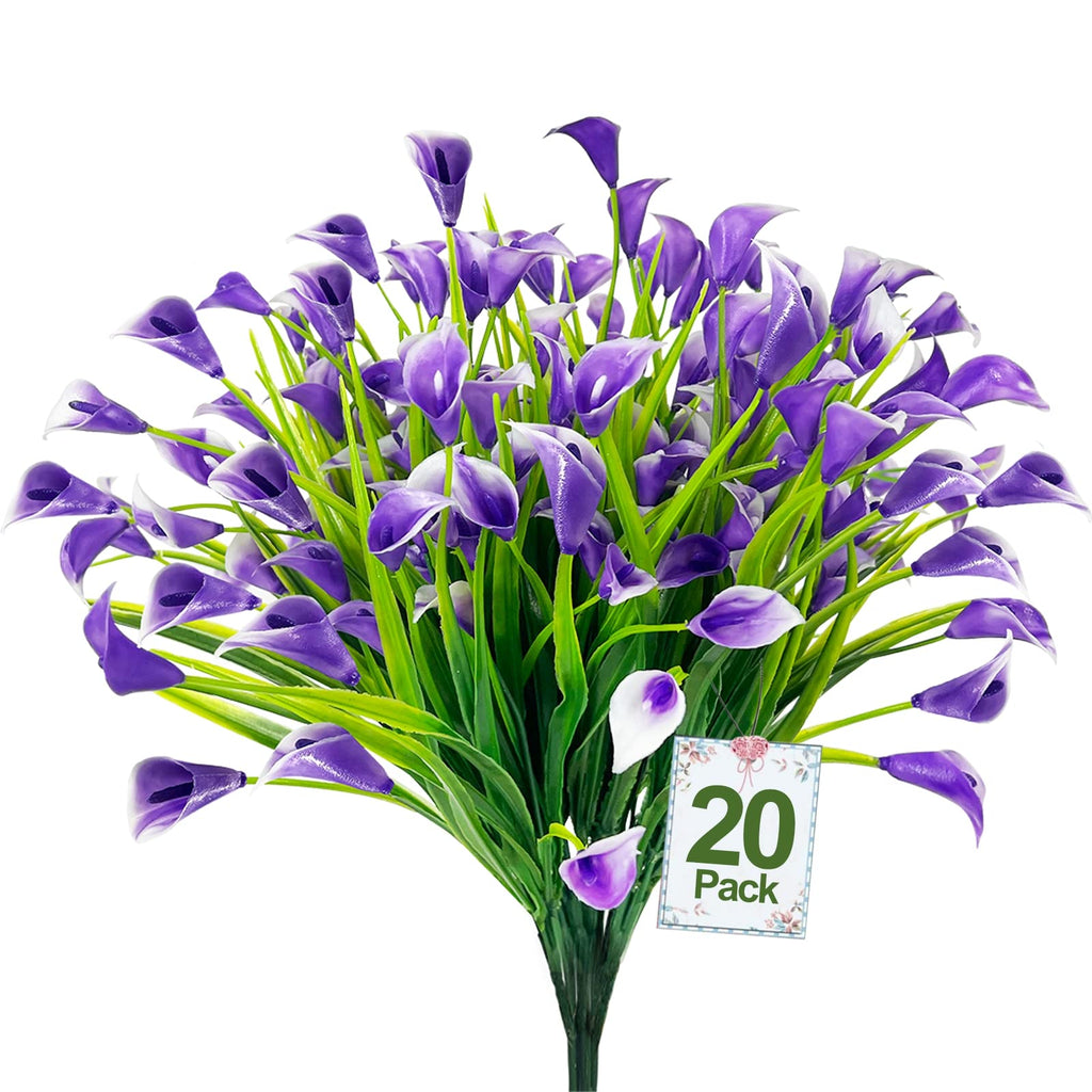 TURNMEON 20 Bundles Calla Lily Artificial Flower Plants Outdoor Decoration, UV Resistant Faux Fake Plants Plastic Spring Flower Indoor Outside Hanging Planter Home Kitchen Garden Porch Decor (Purple) Purple - NewNest Australia