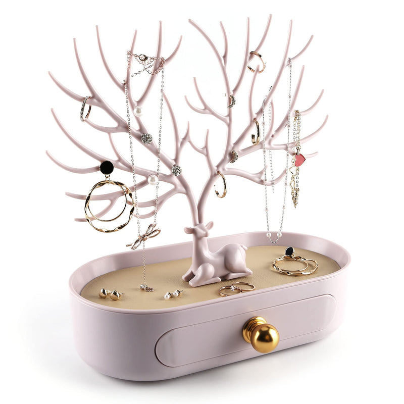 Jewelry Display Stand with Aluminium alloy handle, Tree Tower Rack Hanging Organizer for Ring Earrings Necklace Bracelet, Deer Horn Tree Stand with Storage Drawer and Tray LIGNT PINK - NewNest Australia
