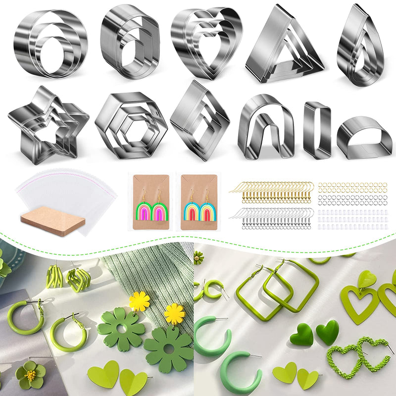 Polymer Clay Cutters Set, 27 Pcs 11 Shapes Clay Cutter Tools Kit Stainless Steel with Clay Molds Earring Hooks Holder Cards Bags Jump Rings Earring Backs for Polymer Clay Jewelry Making - NewNest Australia