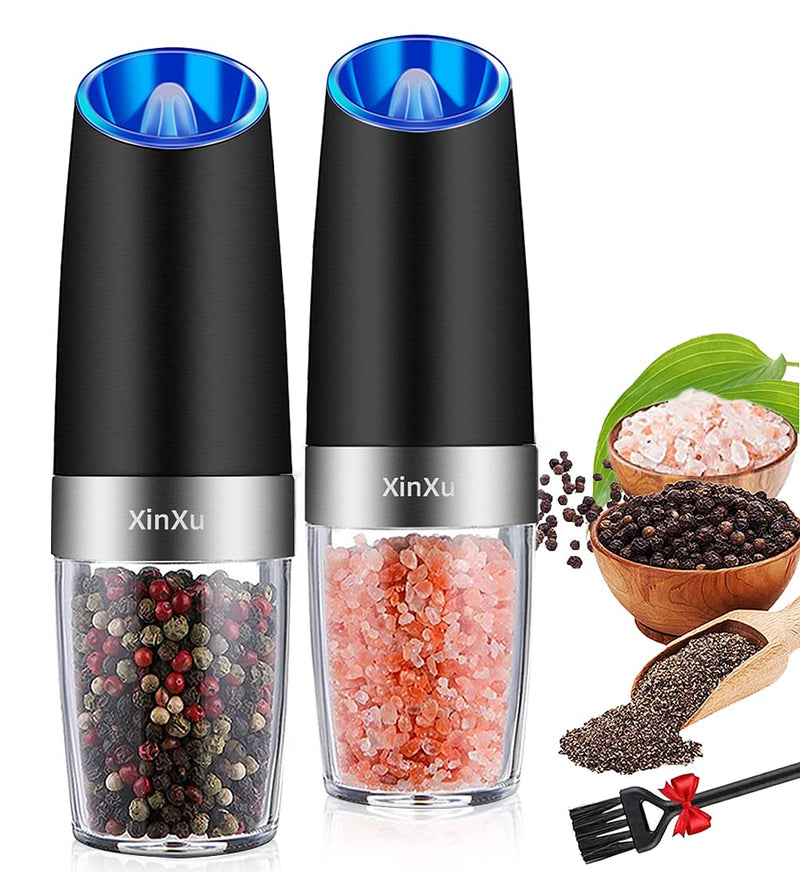 XinXu Gravity Automatic Pepper and Salt Mill, Stainless Steel, Adjustable Coarseness with Blue LED Light, One Hand Operated, Come with Brush, Gift Ideal for Housewarming, Black Black 2X - NewNest Australia