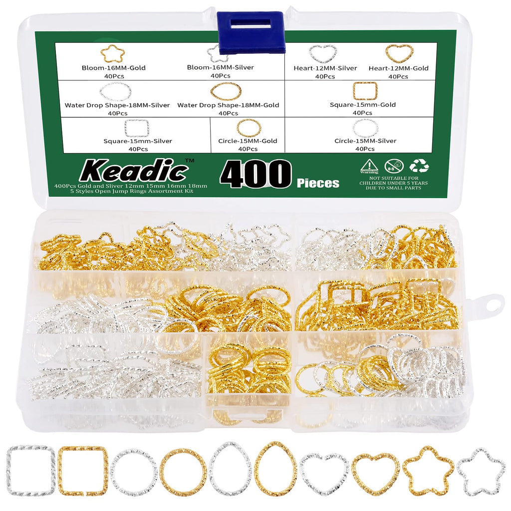 Keadic 400 Pcs 4 Sizes 12 15 16 18mm Open Jump Rings Assortment Kit, Twisted Flower/ Heart/ Square/Water Drop/ O Ring Jewelry Making Findings for DIY Bracelet Necklaces Earring (Golden and Silver) - NewNest Australia