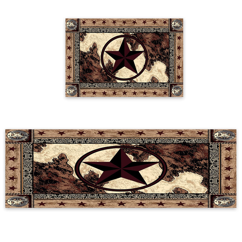 Kitchen Rugs Sets 2 Piece Floor Mats Western Texas Star on Wood Panel Rustic Doormat Vintage Style Texas Star Pattern Area Rugs Washable Runner Carpet Set Non Slip Kitchen Rugs and Mats - NewNest Australia