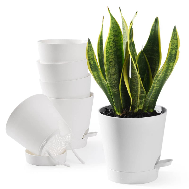 Qaobo Plant Pots 6 PCS 5 inch Self Watering Planters High Drainage Flowers Pot for Indoor Outdoor Plants with Reservoir Tray and Watering Lip Gardening Planter Garden Flower Pots, White - NewNest Australia