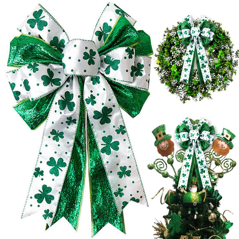 St Patricks Day Bow for Wreath Decorations,11.4 * 19.6in Large White Green Glitter Shamrock Bowknot Irish Holiday Crafts Bows for Tree Topper Front Door Outdoor Outside - NewNest Australia