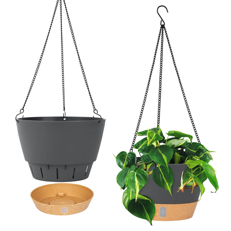 2 Pack Hanging Planters Set,10 Inch Indoor Outdoor Hanging Plant Pot Basket,Hanging Flower Pot with Drainage Hole with 3 Hooks for Garden Home(Grey) Gray - NewNest Australia