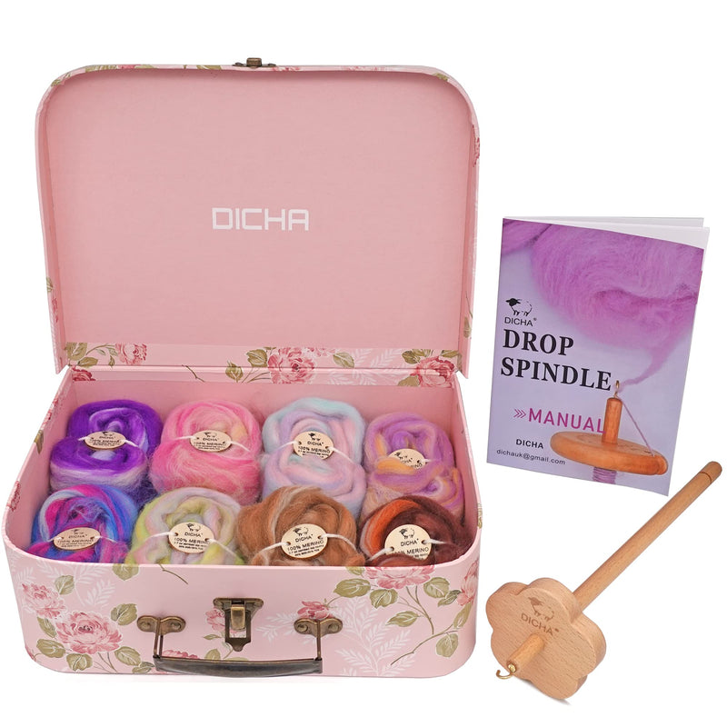 DICHA 3" Flower Shaped Drop Spindle Kit- High Low Whorl Wooden Spindles with 5.6 Oz Merino Wool/Top and Instructions-Weaving Spinning Wheels for Beginners-All in A Gift Box-Perfect Spinner Gifts（MC） Flower Whorl (blend wool) - NewNest Australia