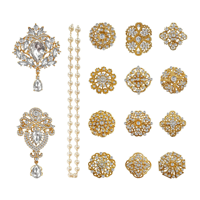Yhsheen Rhinestone Brooches Crystal Brooch Pins, Pearl Crystal Wedding Bouquet kit Set (Gold-14pcs) Gold-14pcs - NewNest Australia