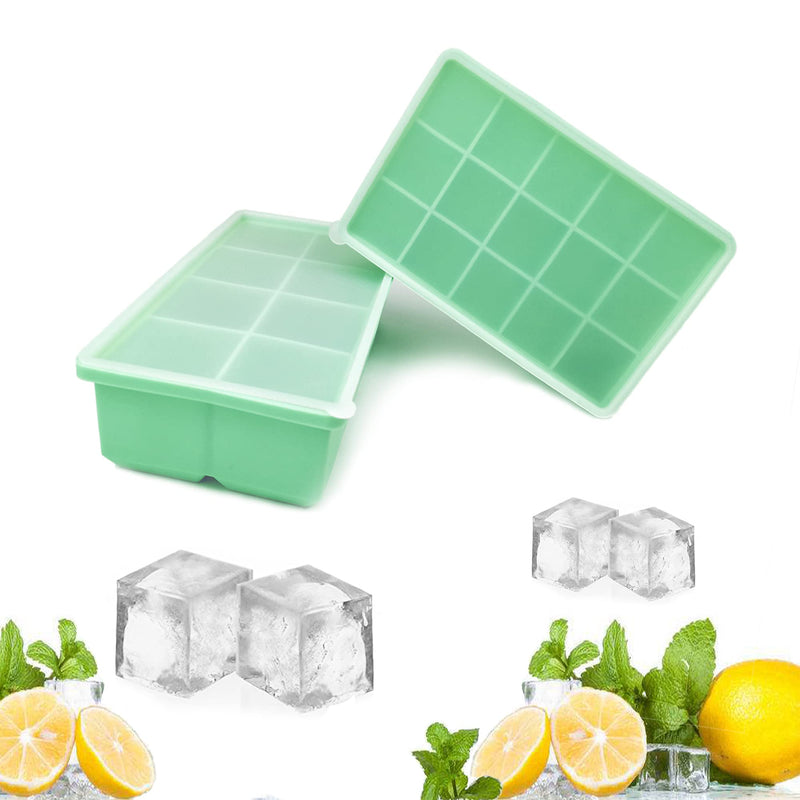 2 Pack Silicone Ice Cube Trays with Removable Lids-Easy Release Flexible-8 Large Ice Cubes + 15 small Cubes Ice Tray Molds for Cocktail, Whiskey, Baby Food, Chocolate-Reusable (Green) Green(large+small) - NewNest Australia