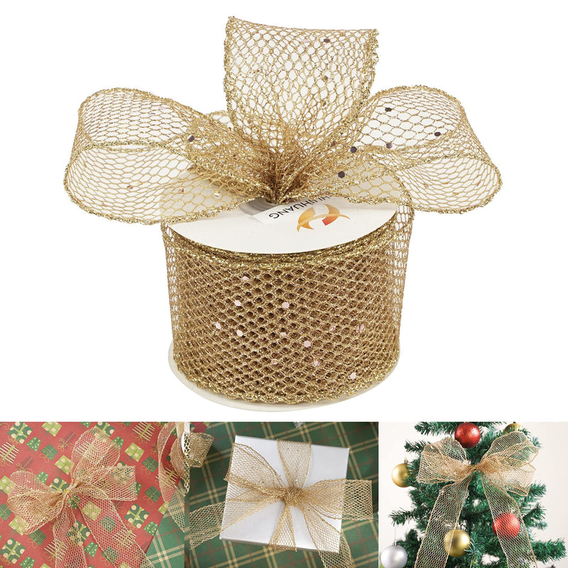 HUIHUANG Glitter Mesh Ribbon Gold Web Mesh Wired Ribbon Metallic Mesh Ribbon Sparkling Wire Edge Ribbon for Gift Wrapping Bow Making Home Decor Wreath DIY Crafts Tree Topper Bows-2.5" x 10 Yards - NewNest Australia
