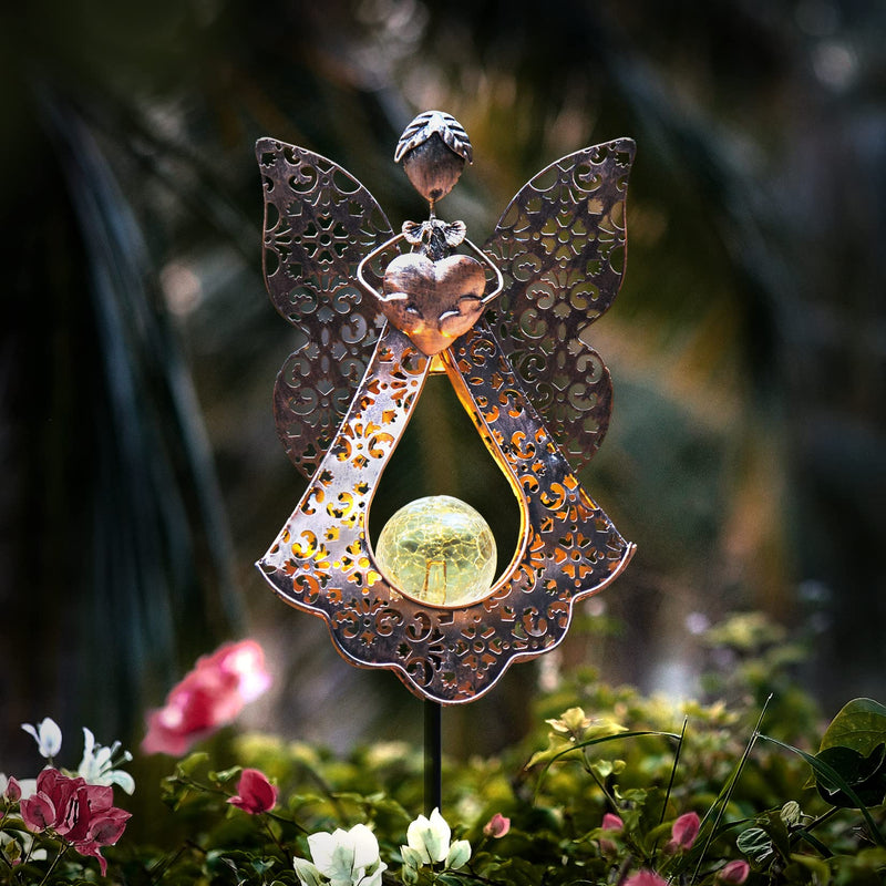 GOODME Angel Solar Garden Lights Waterproof Metal Solar Warm White LED Stake Light Memorial Gift - Fairy Decorative Metal Stakes Lights Crackle Glass Light for Lawn, Yard Art, Pathway, Patio Decor - NewNest Australia
