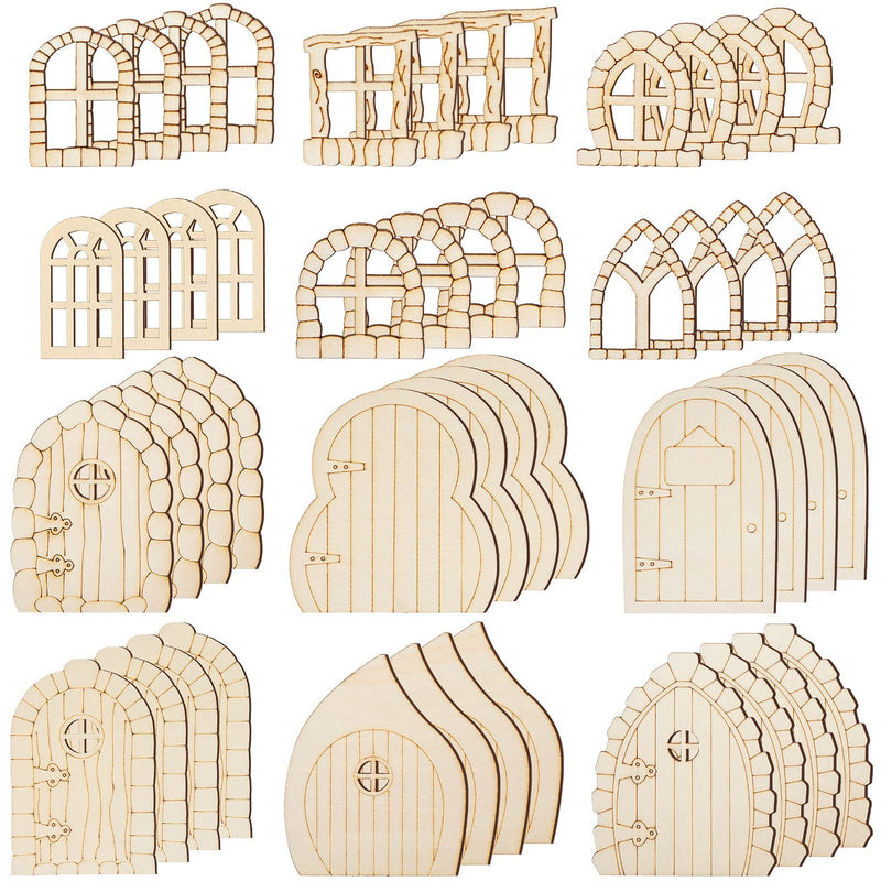 48 Pcs Fairy Door Wooden Garden Doors Craft Mini Window Fairy House DIY Kit Unfinished Miniature Door Unpainted Fairy Window Accessories for Wall Home Party Decoration (Antique Style) Antique Style - NewNest Australia