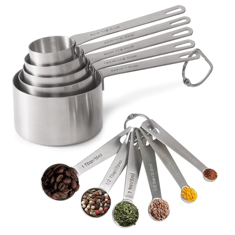 18/8 Stainless Steel Measuring Cups and Spoons Set of 11 Piece - 1 Cup, 1/2 Cup, 1/3 Cup, 1/4 Cup, 1/8 Cup, 1/8 Tsp, 1/4 Tsp, 1/2 Tsp, 1 Tsp, 1/2 Tbs & 1 Tbs, Metal Measuring Set for Cooking Baking A- silver - NewNest Australia