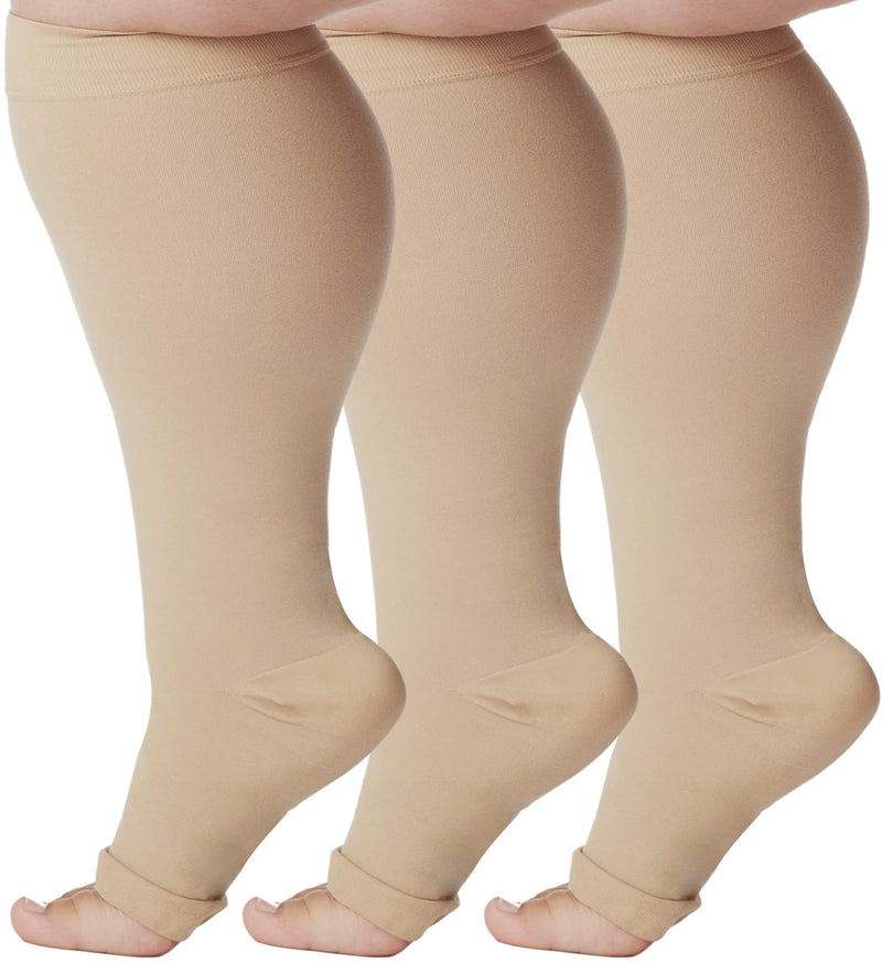 (3 Pack) Absolute Support Big and Tall Compression Socks for Women and Men 20-30mmHg Open Toe - Plus Size Compression Support Hose Wide Calf for Swelling Pain Edema Recovery Nursing - Beige, 2X-Large XX-Large - NewNest Australia