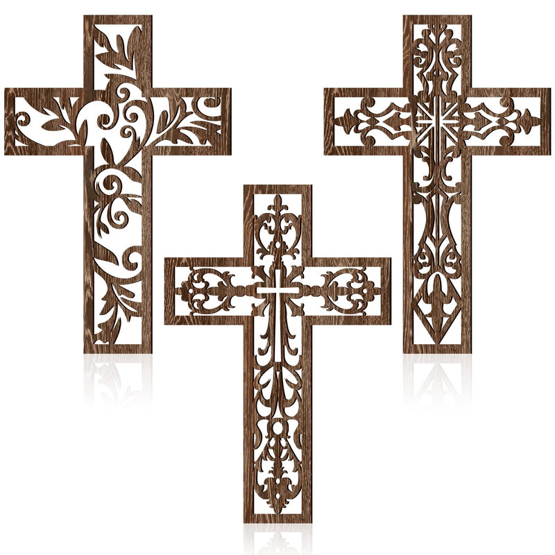 3 Pcs Wooden Wall Hanging Cross Handmade Antique Cross Hanging Decor Religious Cross Decorations for Wall Brown Wooden Cross Home Decor Hand Carved Wall Crosses for Living Room Nursery Wedding - NewNest Australia