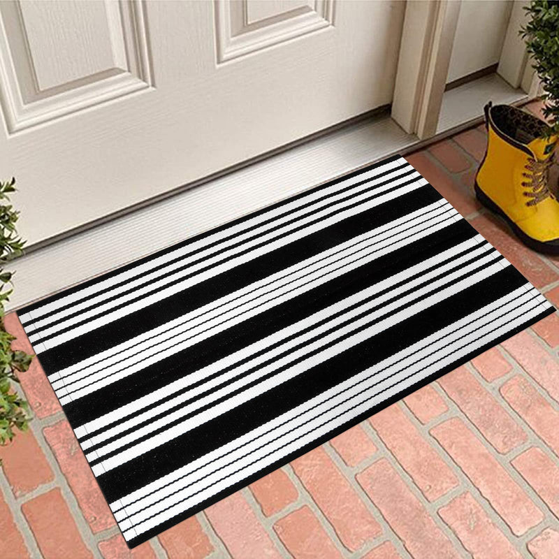 Black and White Doormats Outdoor 2'X3' Cotton Hand-Woven Striped Entryway Rug Machine Washable Front Door Rug for Layered Door Mats Reversible Stripe Carpet for Kitchen/Farmhouse/Bathroom 2' X 3' Black/White - NewNest Australia