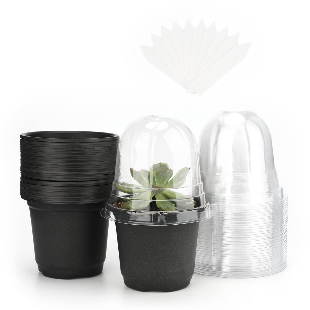 KINGLAKE 32 Plastic 4" Plants Nursery Pots with Humidity Dome Seedlings Flower Plant Container Seed Starting Pots with 10 Pcs Plant Labels (Black) Black - NewNest Australia