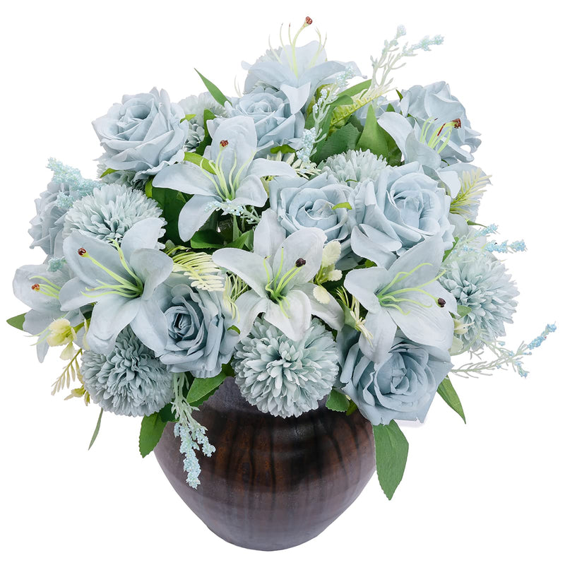 SHUOTAO Artificial Flowers Fake Silk Lily Rose for Decoration 18 Heads Blooming Faux Flower Bouquet with Stem for DIY Vase Home Wedding Party 2 Pack Blue - NewNest Australia