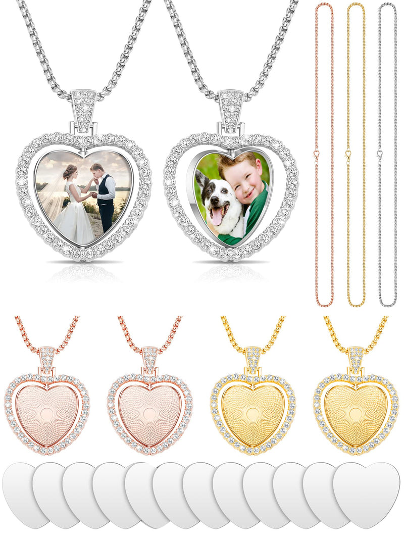 24 Pcs Sublimation Rhinestone Trays Pendant Set, Including 6 Heart Shape Double Sided Blank Rhinestone Bezel Trays, 6 Pcs Thick Chains with 12 Sublimation Discs for Making Gold, Silver, Rose Gold - NewNest Australia
