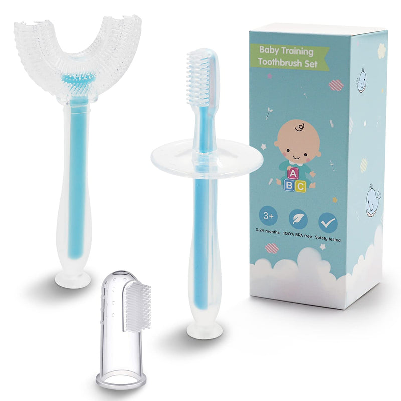 3 in 1 Baby Training Toothbrush Set - Infant to Toddler Toothbrush Oral Care Silicone Toothbrush for Baby - Food Grade Silicone,Extra Soft Bristles,Perfect for 0-24 Months(3-Pack,Blue) Blue - NewNest Australia