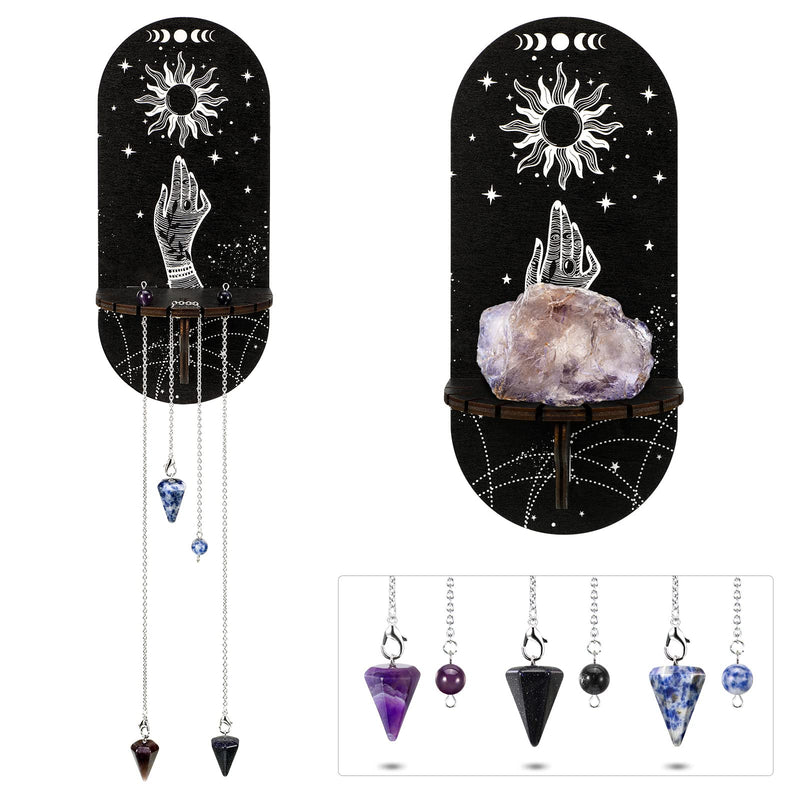 Small Crystal Shelf Black Crystal Display Shelf Magical Boho Hand Moon and Stars Shelf Witch Stuff Wooden Hanging Rustic Crystal Holder Stand with 3 Pieces Crystals Stone for Crystals Essential Oil - NewNest Australia