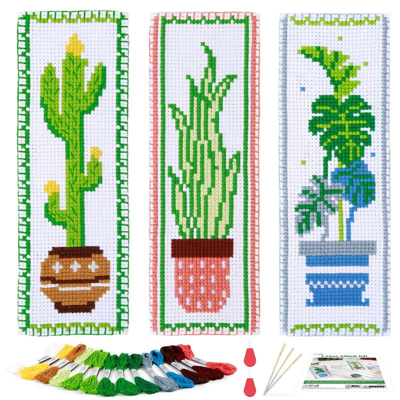 Caydo 3 PCS Cross Stitch Bookmark Kits, Stamped Embroidery Bookmark Kit for Kids Adults Beginner, DIY Counted Crossstitch Gift for Book Lovers(Green Plants) - NewNest Australia