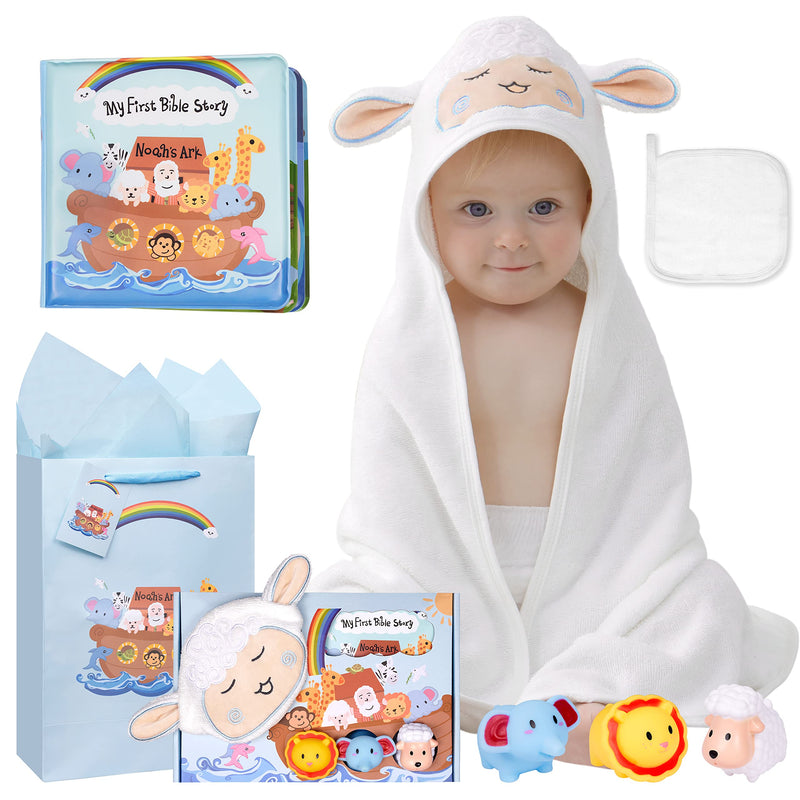 My First Noahs Ark 7 pcs Baptism Gift Set, Dedication, Christening and Baptism Gifts for Boys and Newborn Baby, Includes Bamboo Washcloth and Hooded Towel, Baby Bath Book, 3 Bath Toys and Gift Bag Blue - NewNest Australia