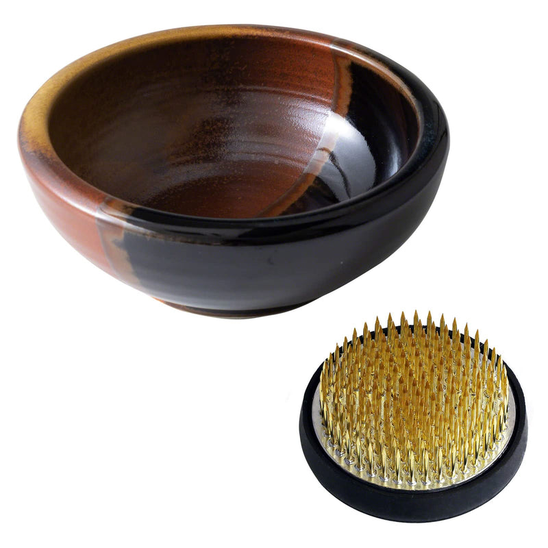 Wazakura Minoyaki Series Japanese Ikebana Essential Tool Kit with Small Round Ceramic Flower Vase and Kenzan Pin Frog for Floral Arranging - Black & Red Kenzan + 2in (61mm) Brass Kenzan - NewNest Australia