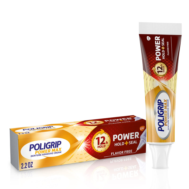 Poligrip Power Max Power Hold plus Seal Denture Adhesive Cream, Denture Cream for Secure Hold and Food Seal, Flavor Free - 2.2 oz - NewNest Australia