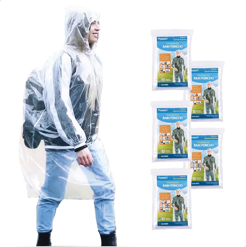ProtectX Disposable Rain Poncho, Premium Material, Elastic Cuffs and Drawstring Hood, Universal Adult Size, Ultra-Durability, 5 Pack - NewNest Australia