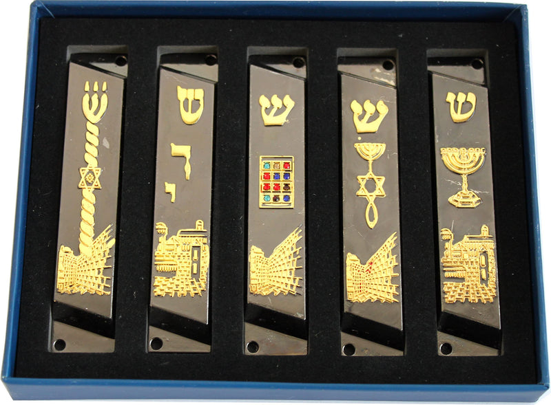 Holy Land Market Large Set of 5 Black Clean and Smooth Cut and Plated Mezuzahs Symbols with Different enameled Themes. Each is About 4 Inches and Comes with Scrolls and Screws for Hanging - NewNest Australia