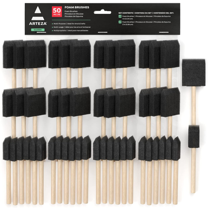 Arteza Foam Paint Brushes, Includes 50 Sponge Brushes, 25 x 1 Inch Brushes and 25 x 2 Inch Brushes, Art Supplies for Painting, DIY, and Wood Staining - NewNest Australia