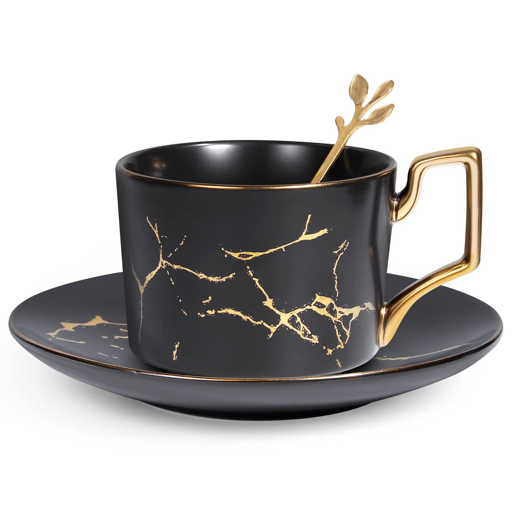 8.5 oz Golden Hand Print Tea Cup With Saucer Set And Cup And Ceramics Saucer Set Black (Black 1 pack) Black 1 pack - NewNest Australia