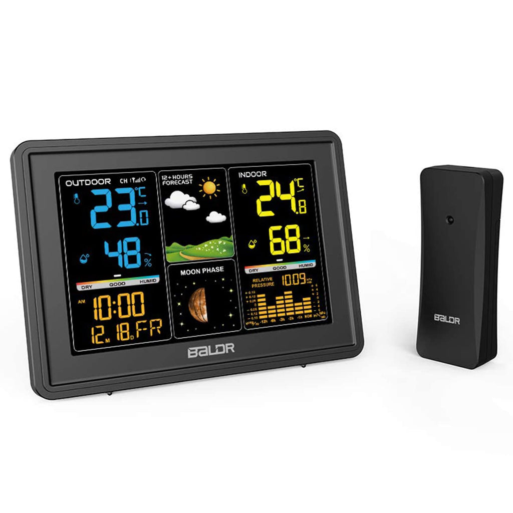 Baldr Wireless Home Weather Station with Indoor Outdoor Thermometer and Humidity Monitor,12-24 Hour Weather Forecast, Moon Phase Display, Atomic Time and Date, Barometric History, and More --Black - NewNest Australia