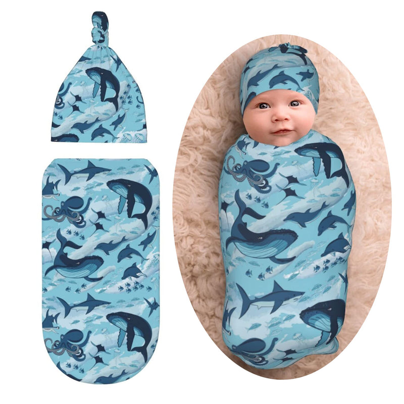 Sea Waves Dolphins Sharks Whale Octopus Newborn Swaddle Blankets Baby Wrap Baby Receiving Blanket Soft with Beanie Hat Sets Gifts for Infant Boy Girl Baby Shower Sea Waves Dolphins Sharks Whale Octopus One Size - NewNest Australia