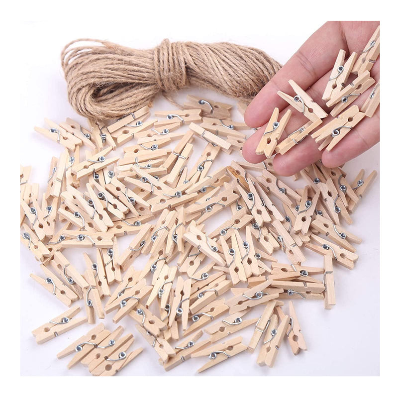 Mini Clothes Pins for Photo,200 pcs 1" Natural Wooden Tiny Clothespins with Jute Twine, Mini Picture Clips Small Clothes Pins for Photos, Crafts, Arts, Cocktails - NewNest Australia