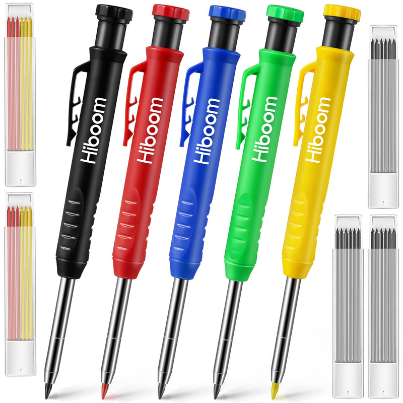 Hiboom Solid 5 Pcs Carpenter Pencils with 30 Pcs 2.8mm Refills, Long Nosed Deep Hole Tip Mechanical Hole Marker with Built in Sharpener for Woodworking Drafting Architect Construction - NewNest Australia