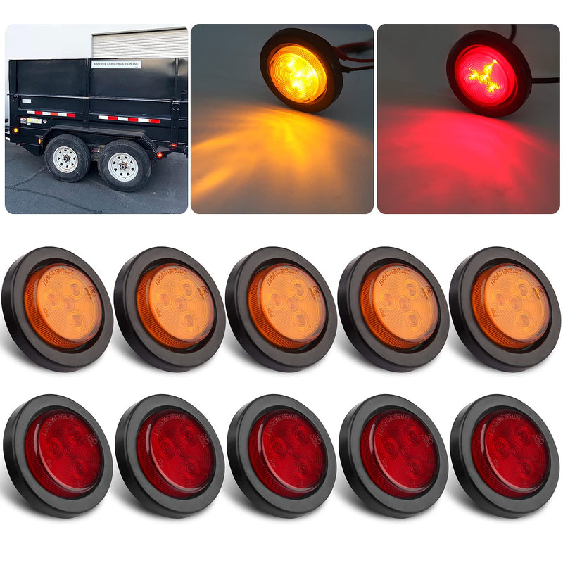 10Pcs 2 Inch Round Led Marker Lights, 2 Inch Round Trailer LED Side Marker and Clearance Marker Lights 4 LED Sealed Flush Mount with Rubber Grommets and 2 Prong Wire Pigtails Waterproof (5Red+5Amber) - NewNest Australia