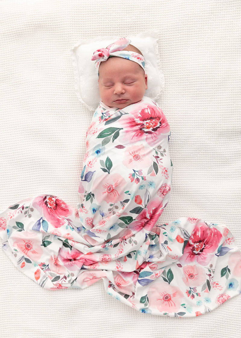 Terriboo Nerborn Receiving Blanket and Headband Set Flower Print Baby Swaddle Wrap Floral (Floral) - NewNest Australia