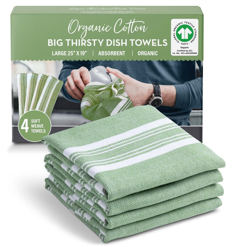 Big Thirsty Dish Towels - Organic Cotton Super Absorbent Kitchen Towels, Set of 4, Green and White Stripe  Soft Weave Machine Washable Tea Towels - 25 x 19 - NewNest Australia