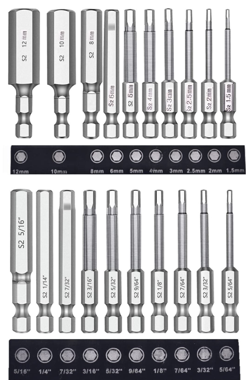 aiyun 20 Piece Hex Head Allen Wrench Screwdriver Bit Set, SAE Metric 1/4 Inch Hex Shank S2 Steel Magnetic 2.3 Inch Long Drill Bits with Storage Box (Hex Head) - NewNest Australia