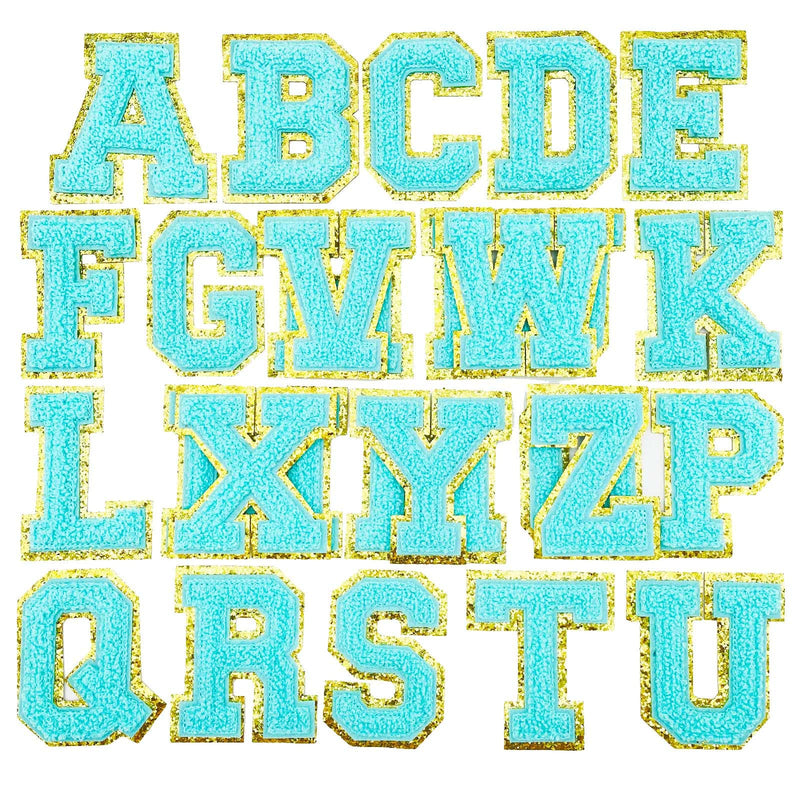 Jongdari Letter Patches Varsity Chenille Iron on Letters Patchs for Clothing English Letter A-Z with Gold Glitters Border, 26pcs Blue - NewNest Australia