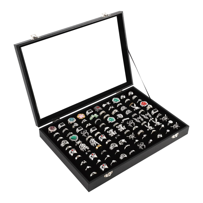 Pengup 100 Slots Ring Case Organizer Display Box,Rings Holder Storage Boxes for Jewelry Showcase with Glass Lid (Black Velvet). Black - NewNest Australia