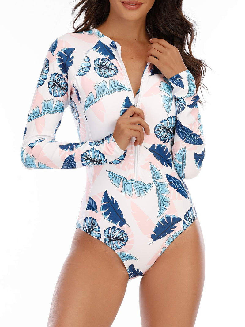 Century Star Women's Long Sleeve one Piece Swimsuit Athletic Rash Guard Zipper Floral Printed Surfing Swimsuit Bathing Suit 4-6 White Leaves - NewNest Australia