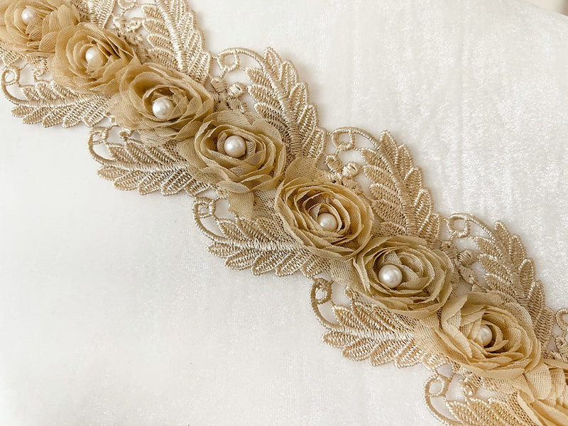 PEPPERLONELY 1 Yard Gold 3D Pearl Chiffon Flower Embroidered Lace Edge Trim Ribbon, Flower Width 7.5cm - NewNest Australia